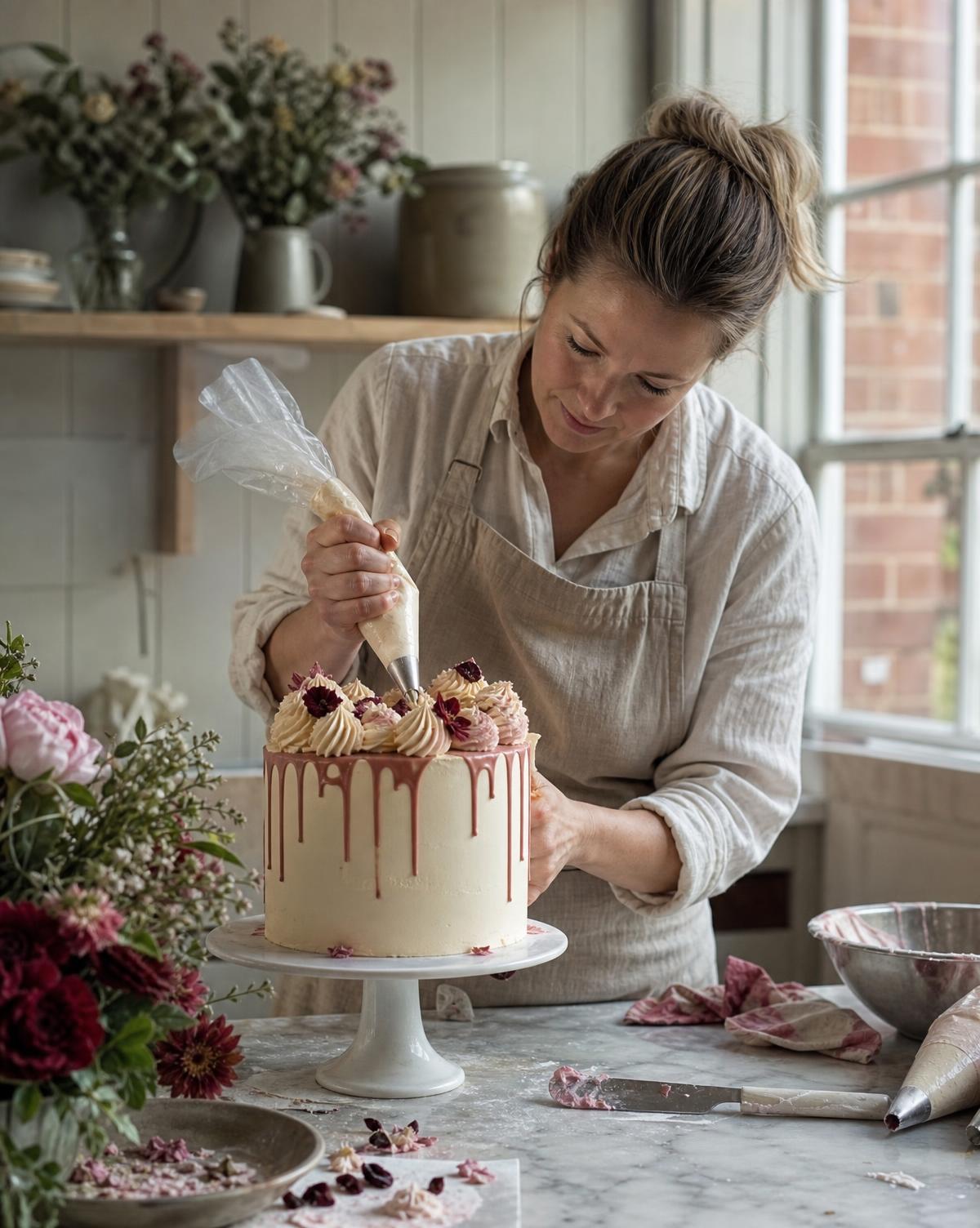 Pastry chef piping cream onto a cake in a sunlit studio
